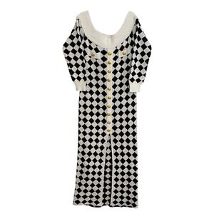 Xpluswear Black White Argyle Knit Maxi Dress Off Shoulder‎ Gold Buttons Sweater